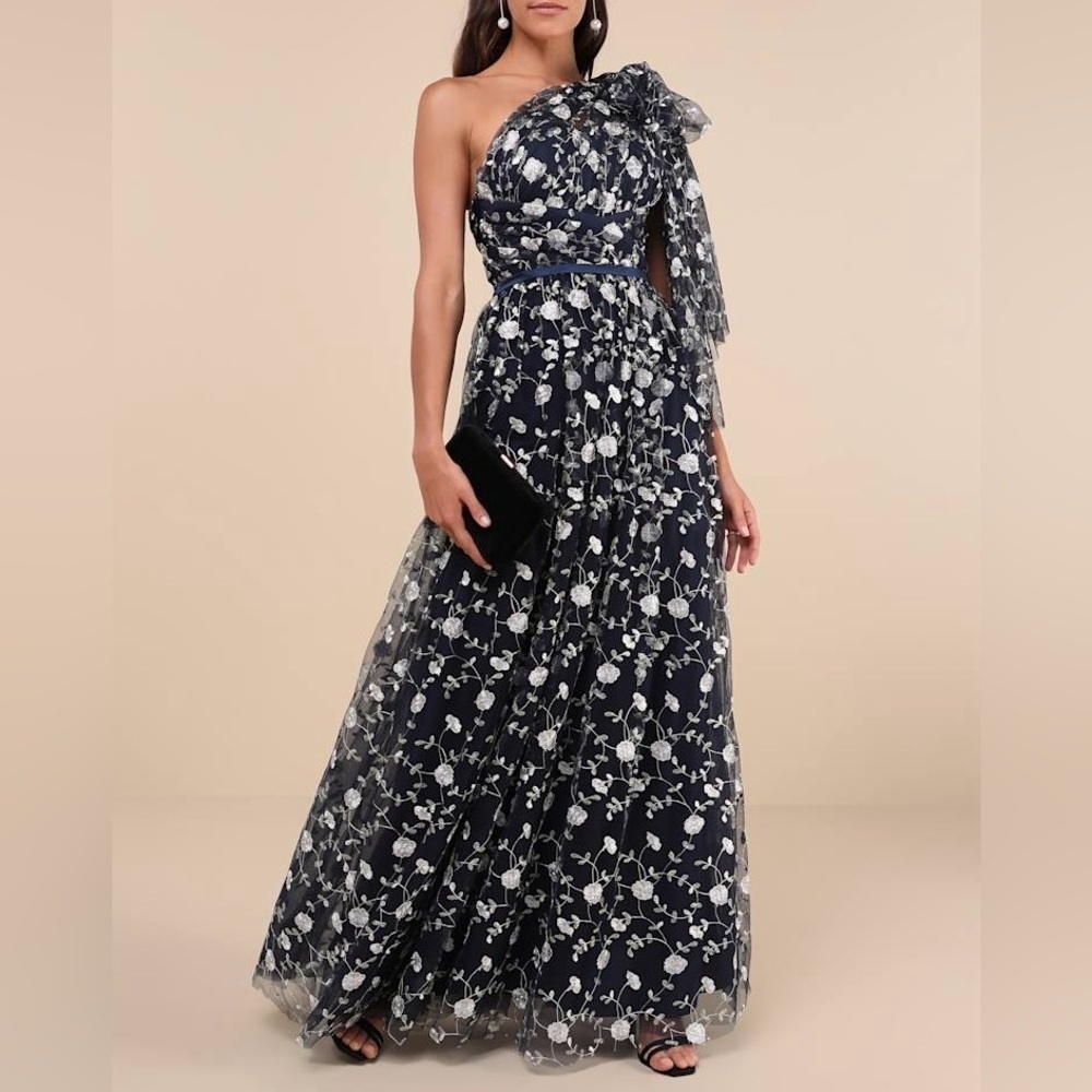 Lulus Whimsical Allure Navy Mesh Embroidered One-Shoulder Maxi Dress XS NWT
